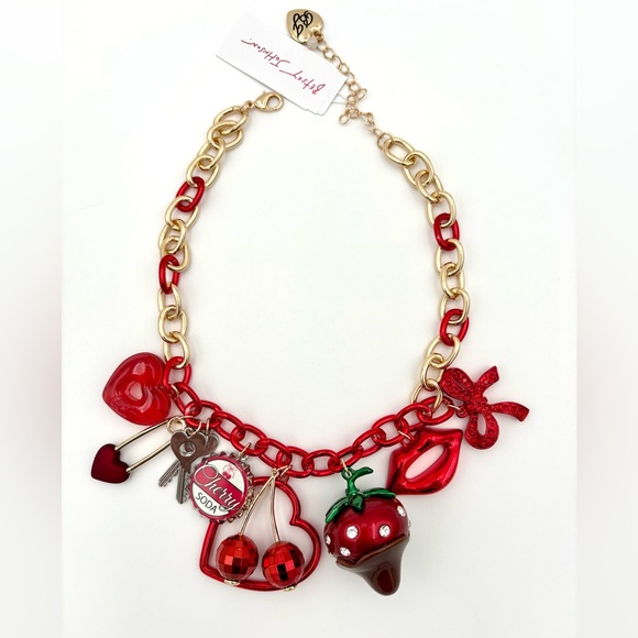 🍓 Betsey Johnson Cherry Bomb Charm Necklace – Red & Gold Statement 💋 - Picture 6 of 12